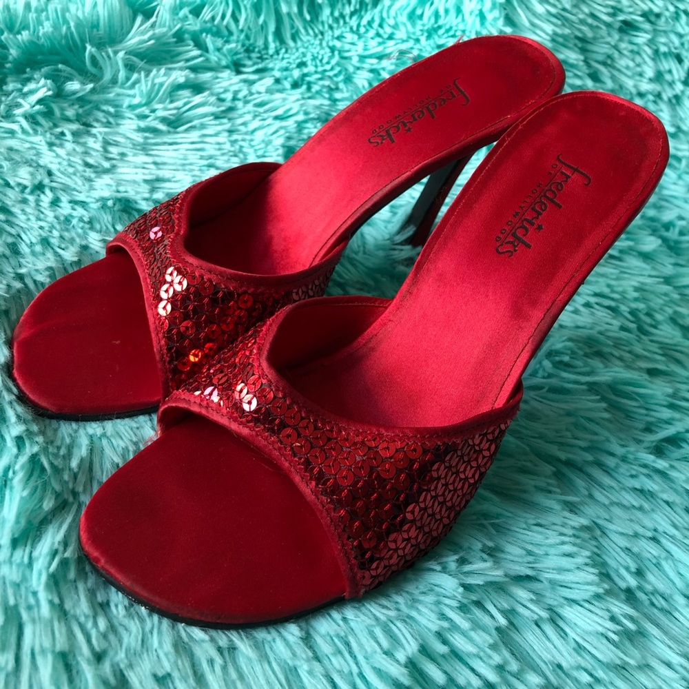 - FREDERICK’S of HOLLYWOOD sequin slip on high heels